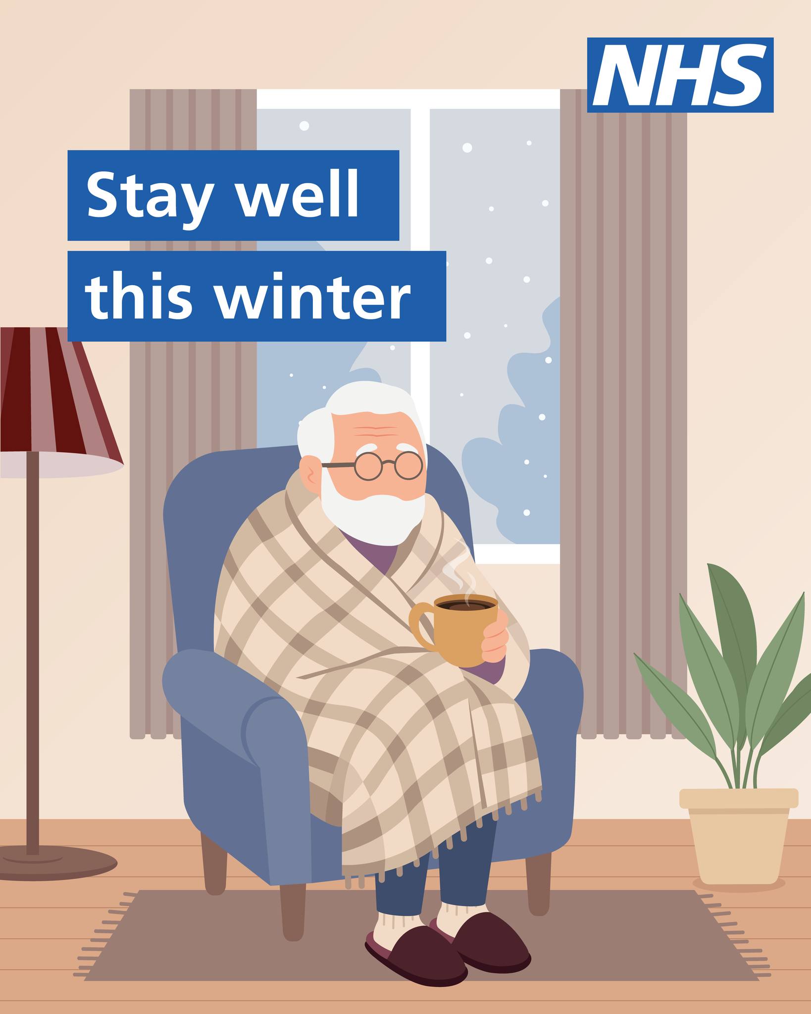 An illustration of an elderly man sitting at home, wrapped in a blanked.