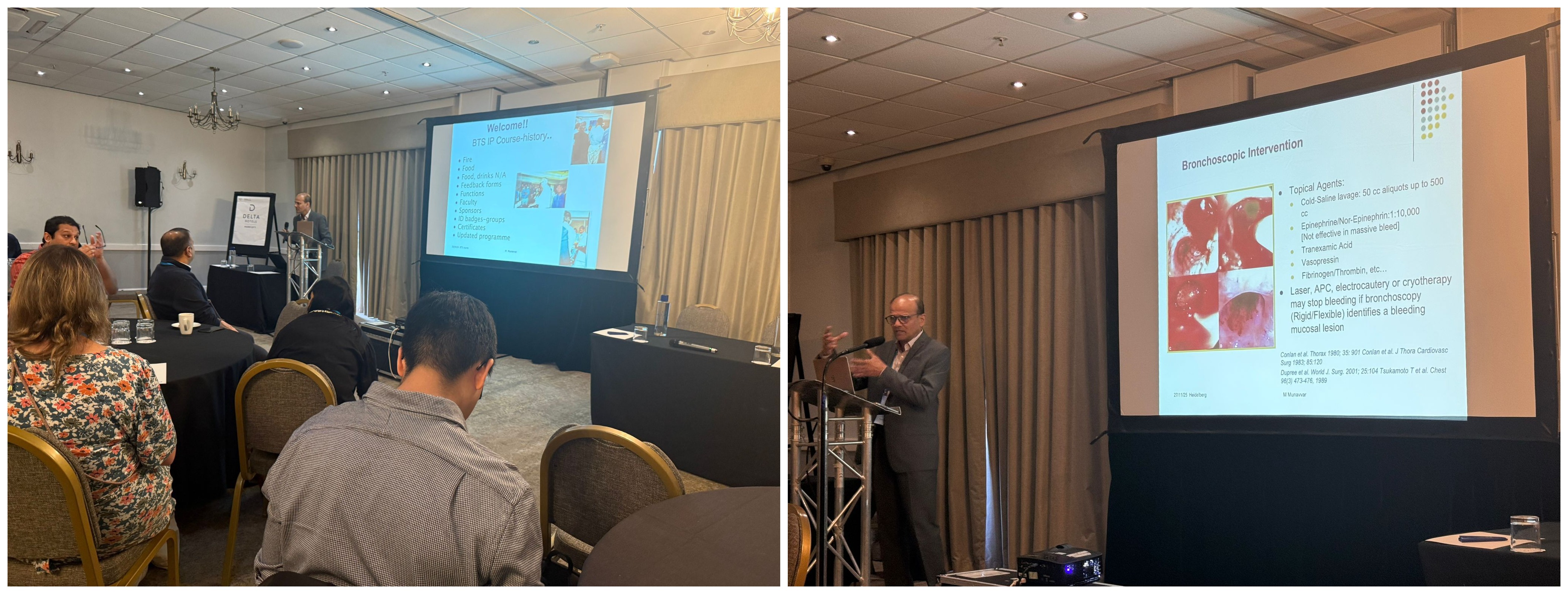Two photos demonstrating a slideshow with attendees in a room