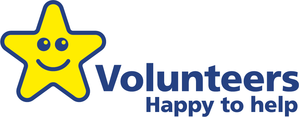 A yellow star with a smiley face on it. On the right side next to it reads: 'Volunteers - Happy to help'