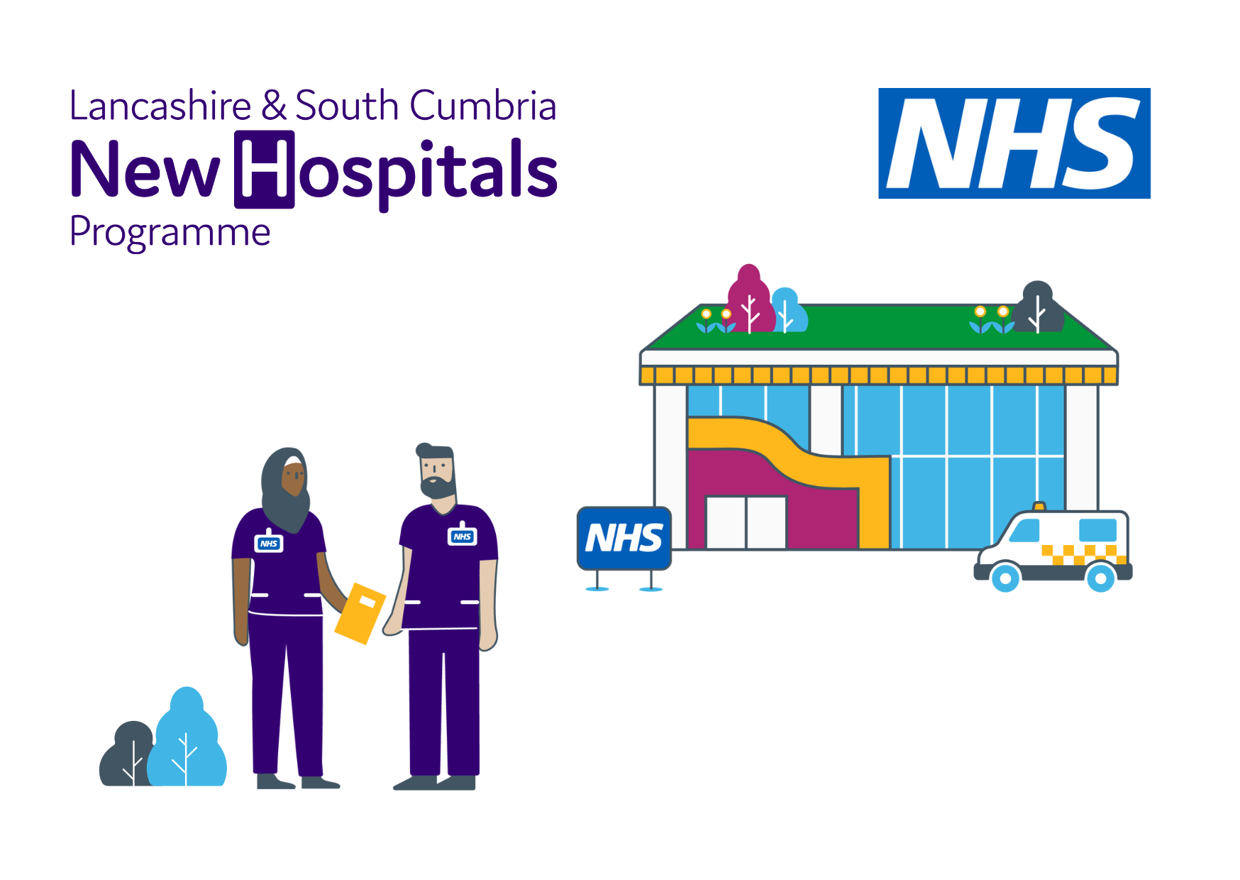 White background, ambulance and hospital, NHS sign in front of it. New Hospitals Programme logo. Two NHS staff conversing. NHS logo on top right corner.