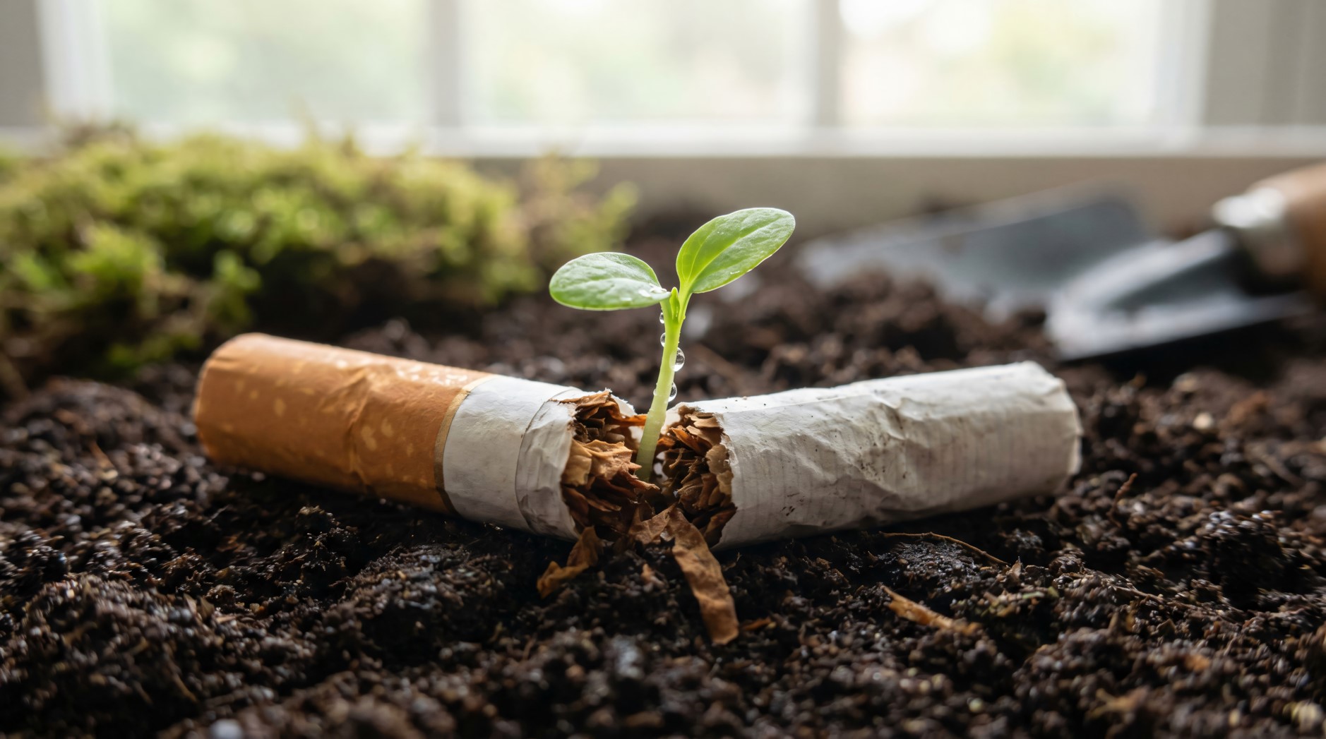 Photo showing cigarette being cut by a small, growing plant