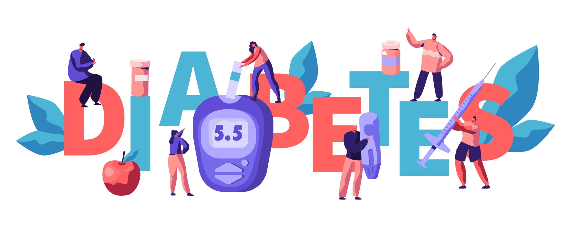 A graphic depicting the sign 'Diabetes' with people doing different tasks around the letters