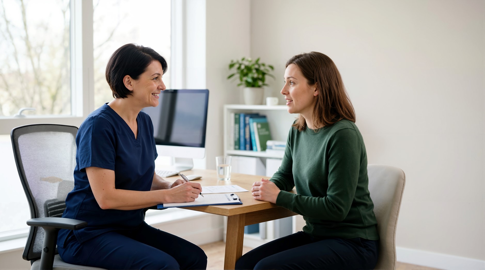 A photo featuring two women sitting at a desk and talking - one is a medical professional and the other one is a patient