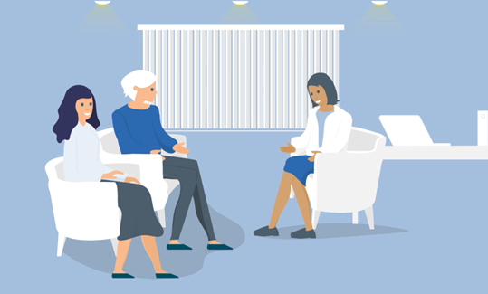 A graphic depicting a medical professional talking with patients