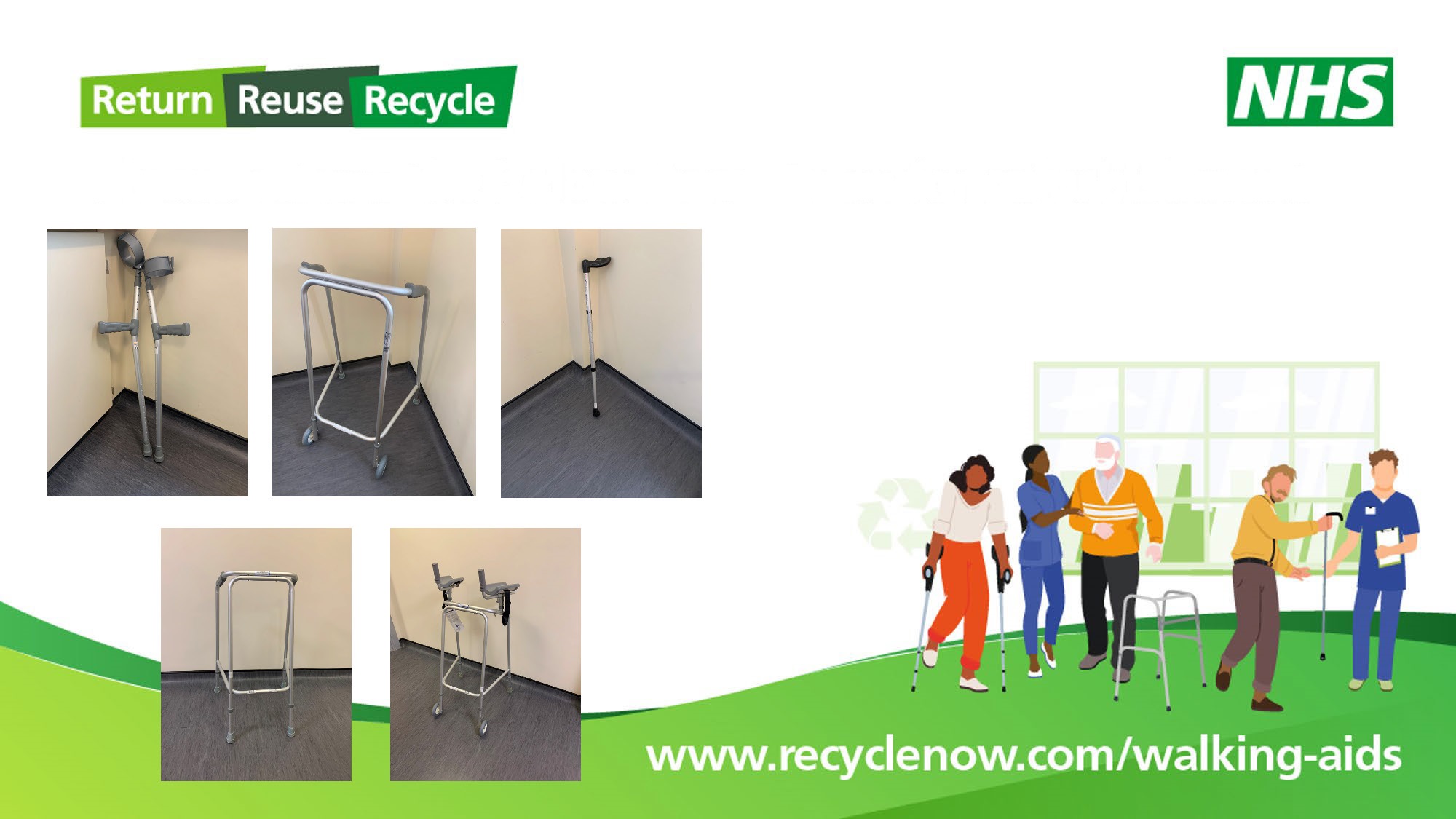 An image depicting a variety of walking aids, accompanied by two NHS logos, an graphic of people and the URL for recycling